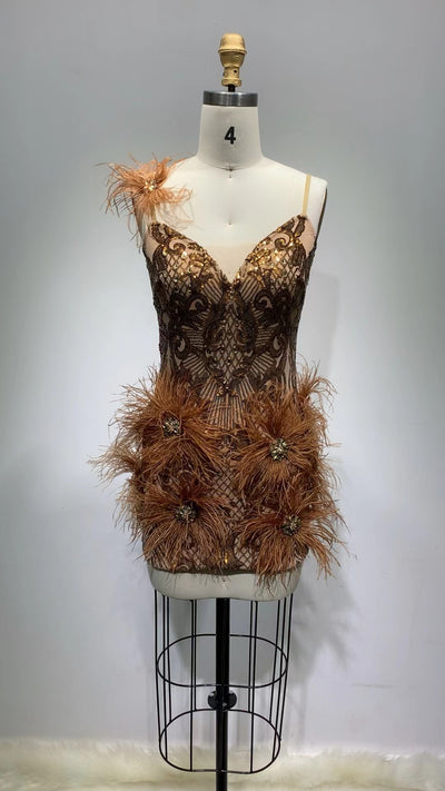 Chocolate Brown Festive Ostrich Feather Spandex Mini Dress