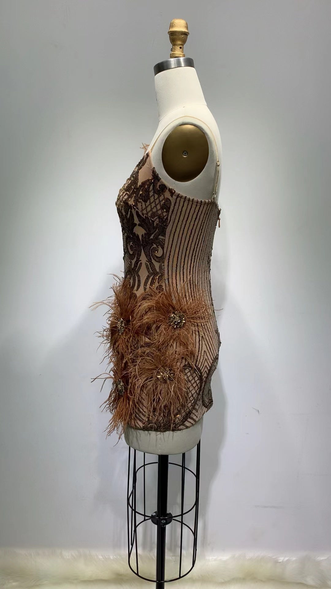 Chocolate Brown Festive Ostrich Feather Spandex Mini Dress