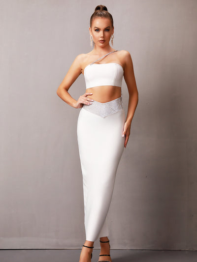 Two-piece White Mixi Bandage Dress With Sequind Waist