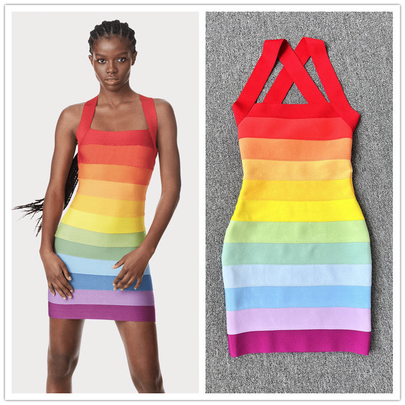 Rainbow Color Bandage Mini Dress
