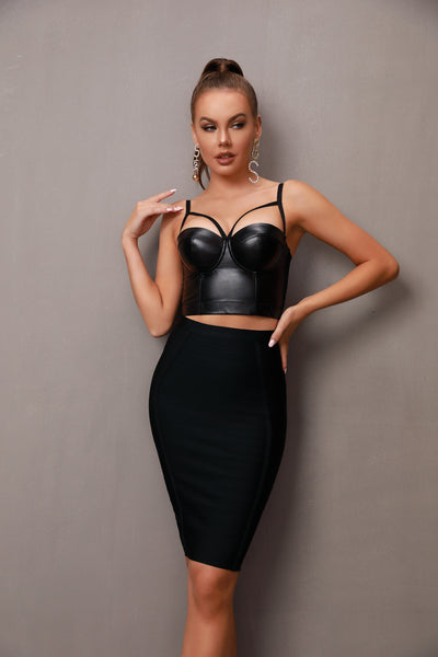Two-Piece Dress Set With Leather Top &Bandage Skirt