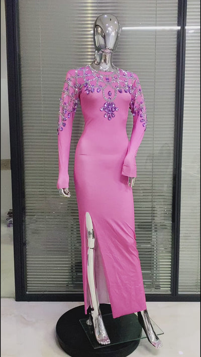 Maxi Amethyst And Crystal Rhinestone Embellished Spandex Gown