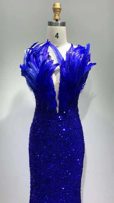 Sindi Off- Shoulder Feather Splicing Sequins Maxi  Dress-Blue