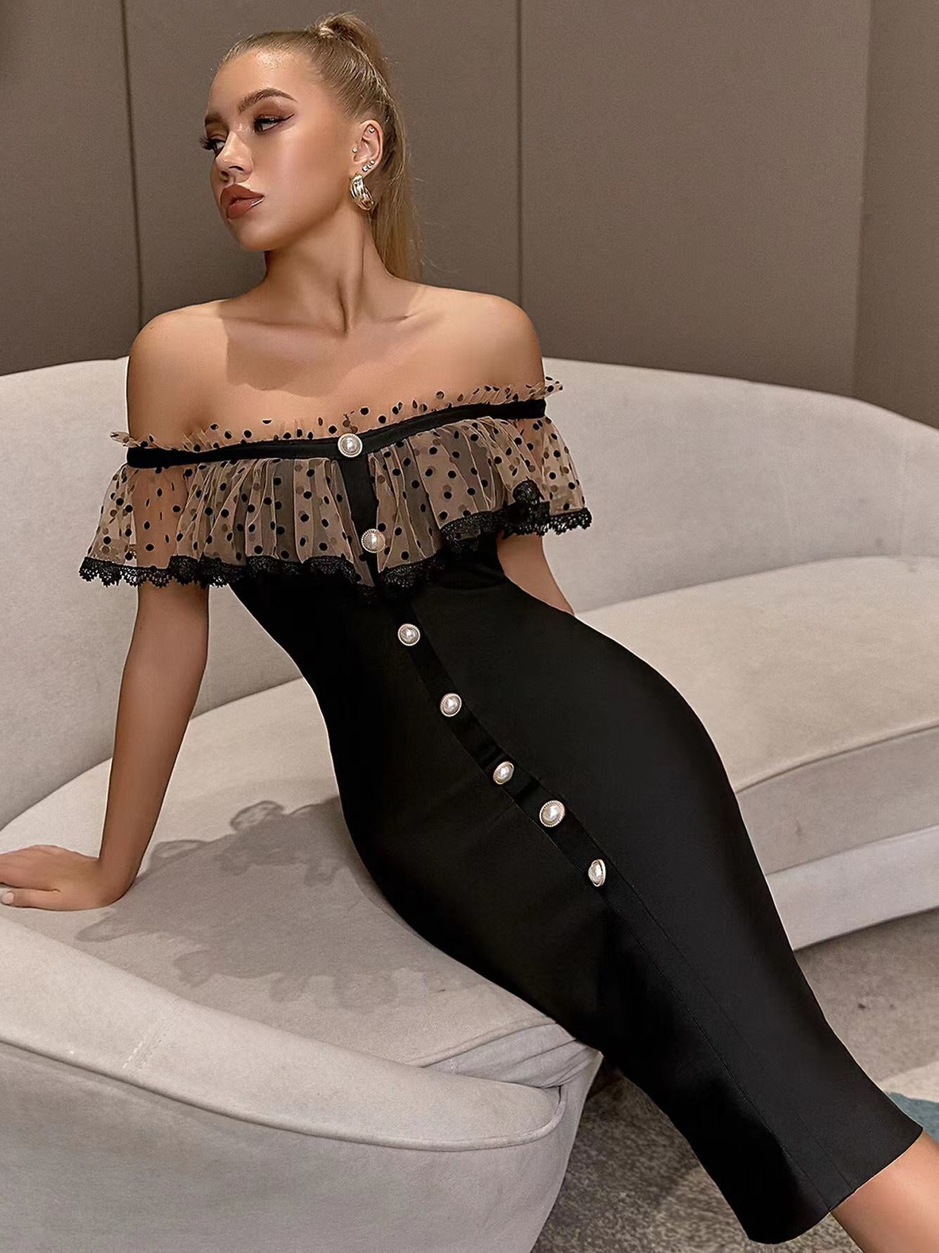 Chanel  Lace  Collar Bandage Midi Dress-Black
