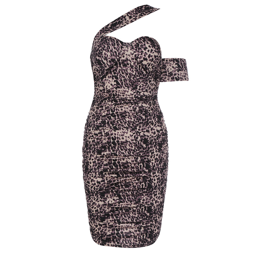Ruby One Shoulder Off  Mini Bandage Dress-Leopard Print