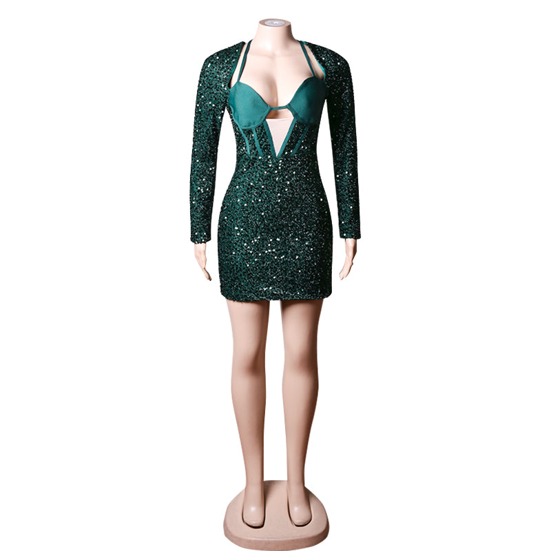 Melica Sequin Mini Dress -Green
