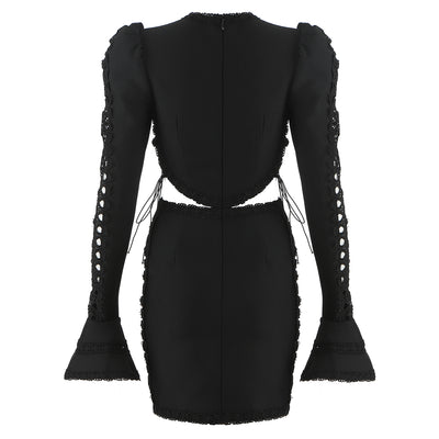 Nala Sexy vintage embroidered hollow flare sleeve bodycon bandage dress