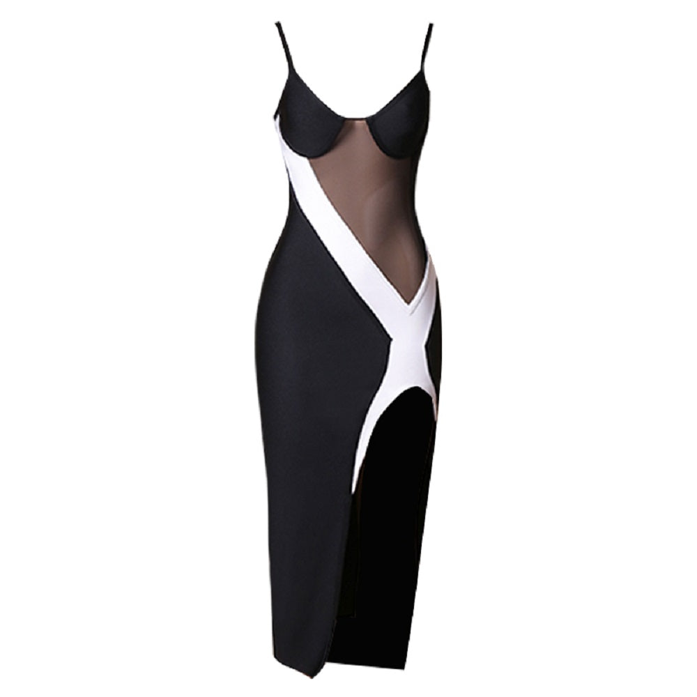 Melisha  Slit Sheer Midi Dress-Black White