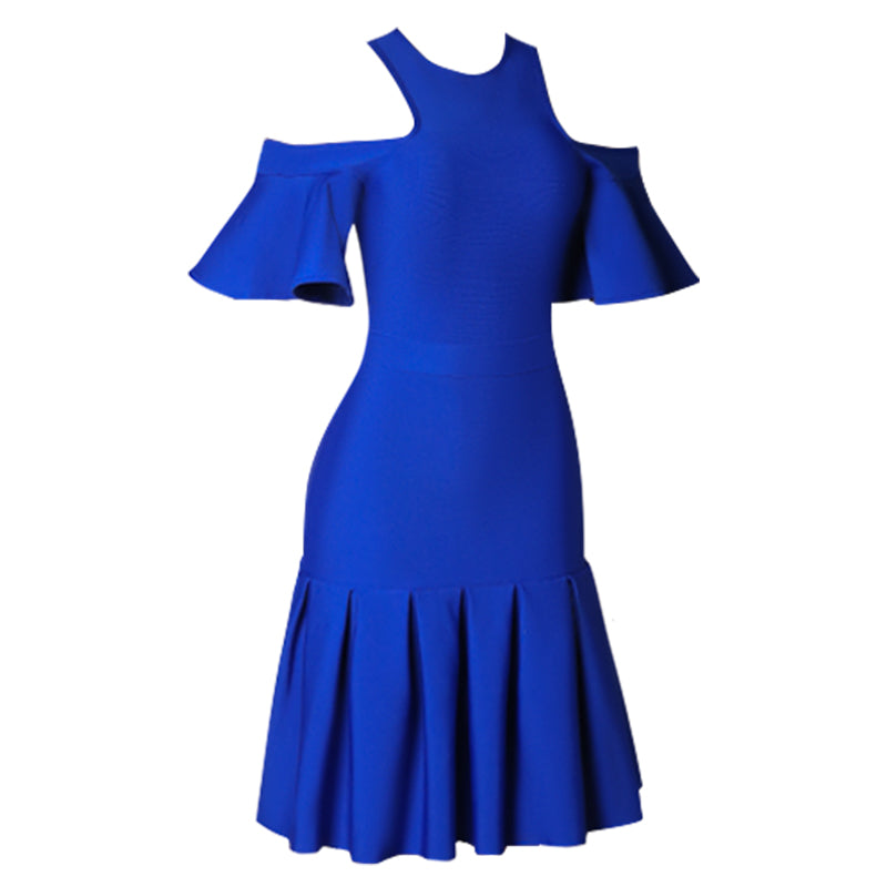 Maria Off Shoulder Pleats Midi Dress-Blue