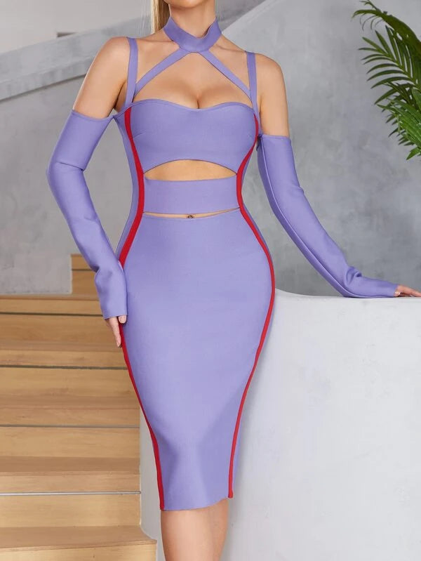 Navine Halter Neck  Cut out Purple  Midi Dress