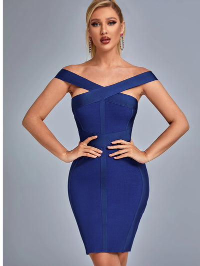 Off Shoulder Cut-out Bodycon  Mini  Dress-Blue