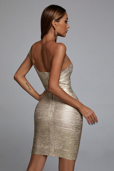 Melisa  One Shoulder  Metallic  Midi Dress-Gold/Silver