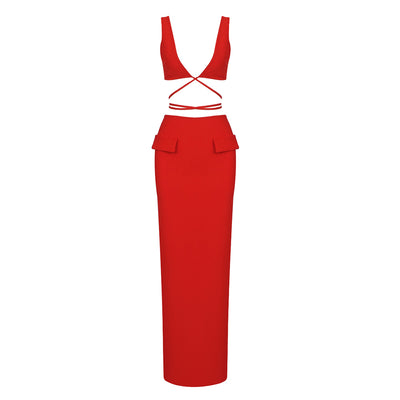 Rogo Hollow  Two Piece Set  Maxi Bandage Dress - Red