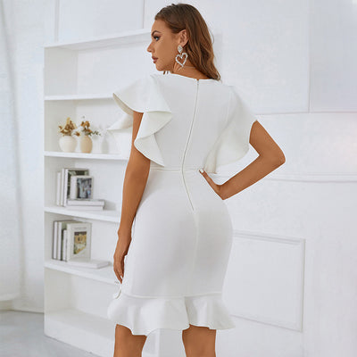 Emily  Ruffle Sleeve Midi Dress-White