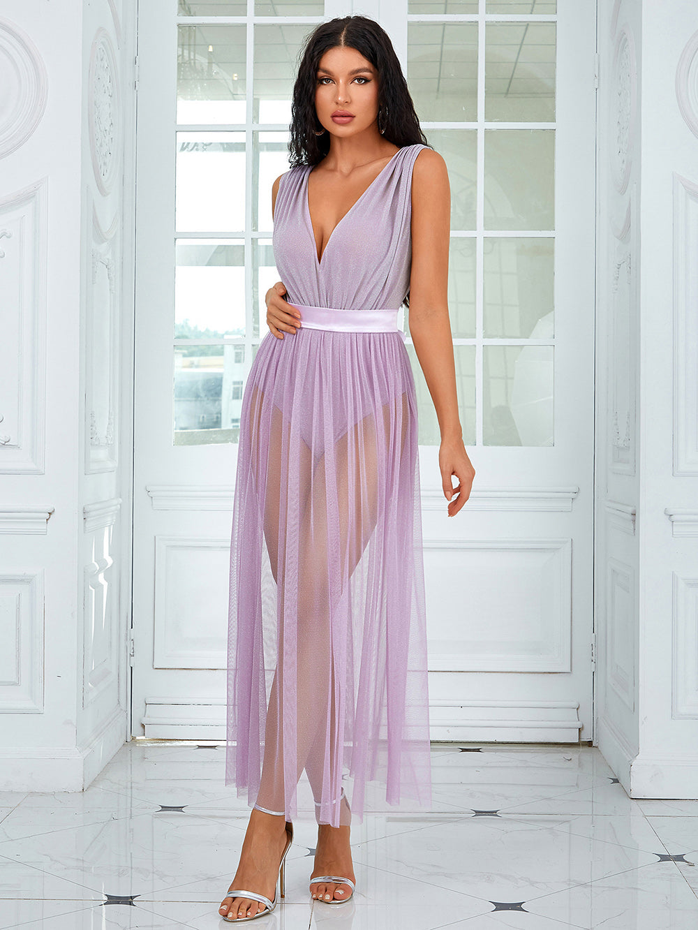 Tori Corset Mesh Maxi  Dress-Purple