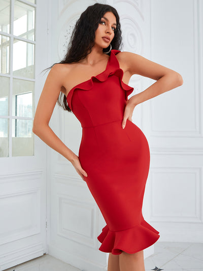 Luluna Ruffle One Shoulder Dress-Red