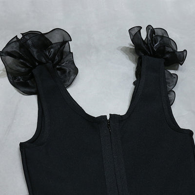Low V-neck  open chest   Mini Dress-Black