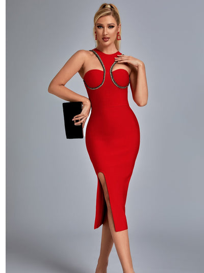 Adut Halter Cutout Midi Red Bandage Dress