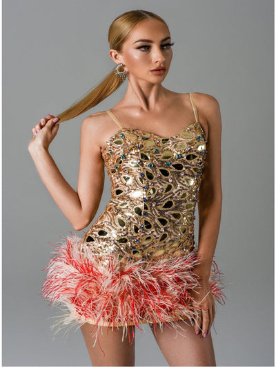 Lalia Gold Sequin Feather Mini Dress