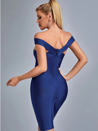 Off Shoulder Cut-out Bodycon  Mini  Dress-Blue