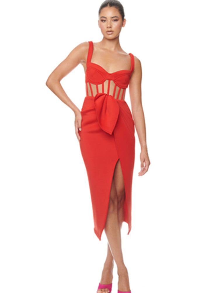Nalani Hollow Midi Bandage Dress-Red