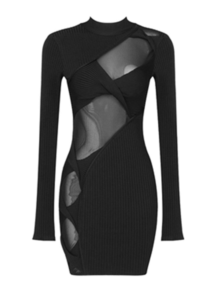 Maria Mesh Perspective Mini Dress-Black