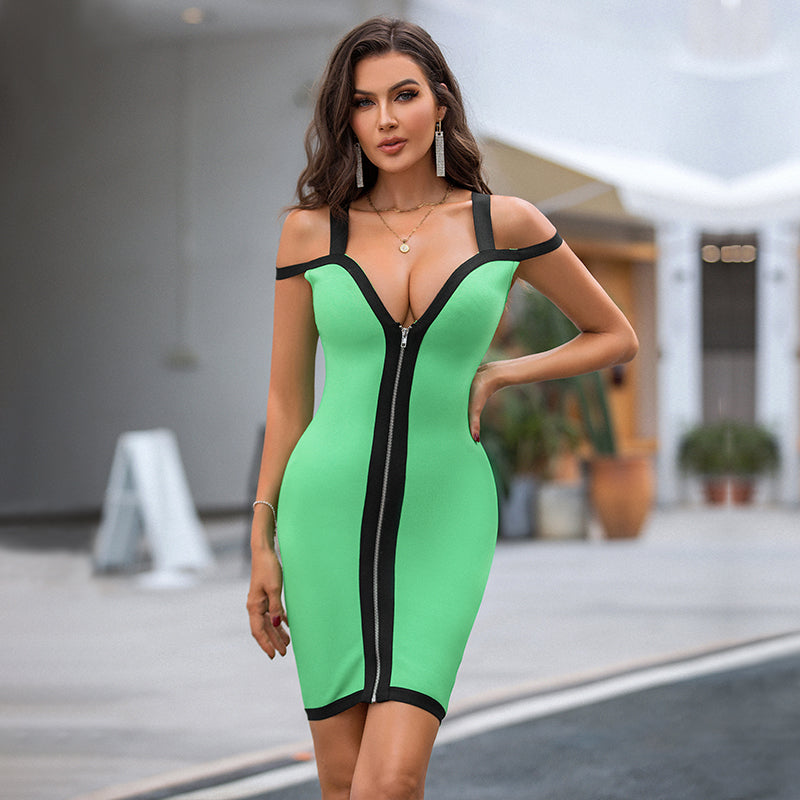 Kiara  V-Neck Mini Dress -Green