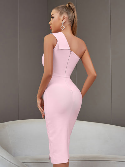 Janan One Shoulder Midi Bandage Dress - Pink