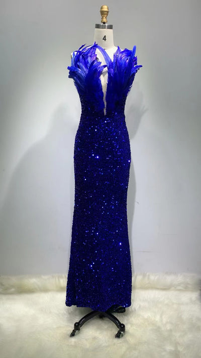 Sindi Off- Shoulder Feather Splicing Sequins Maxi  Dress-Blue