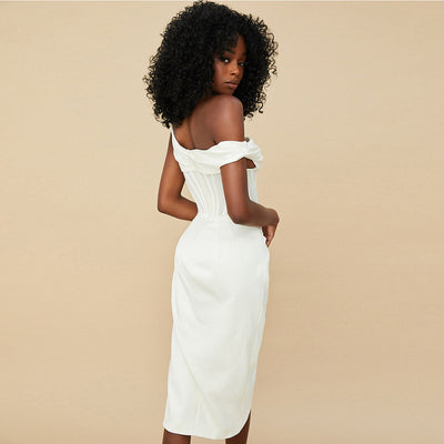 Agnes One Shoulder  Midi Dress-White