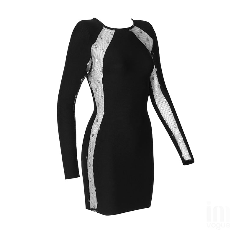 Kenia Mesh-encrusted Diamond Panel Bandage Mini Dress-Black