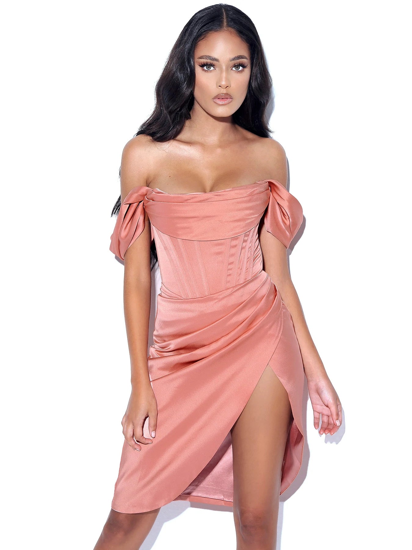 Satin Off Shoulder Corset Dress-Pink