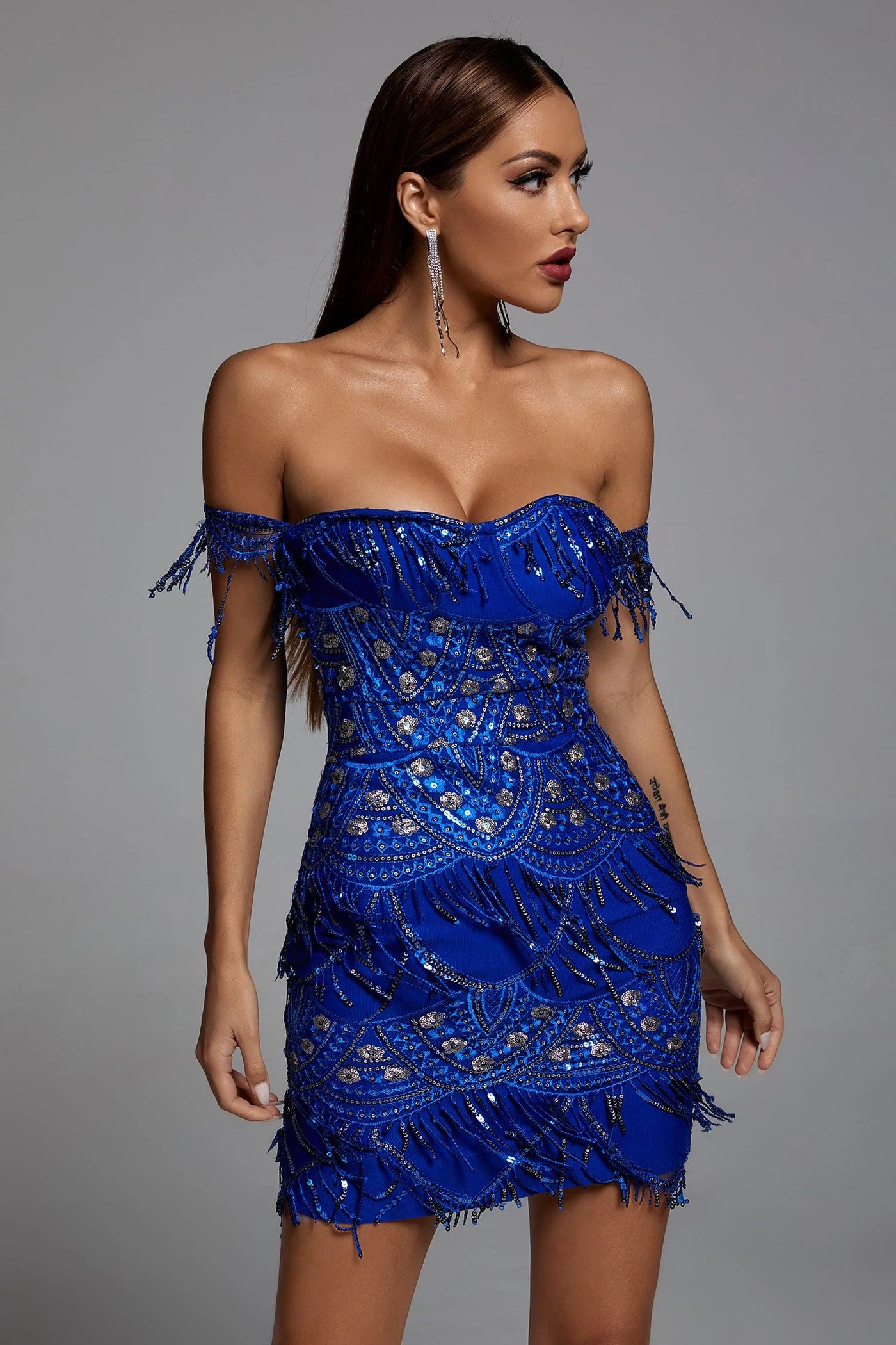 Off Shoulder Sequin Fringe  Mini Dress Cocktail dresses
