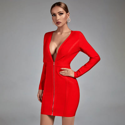 Women Low V neck  Bodycon Bandage Dress 2022 New Fall Sexy  Red  Long Sleeve Club Celebrity Runway Party Dresses