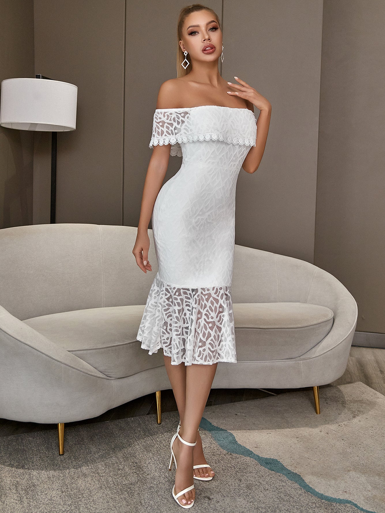 Blaire Off Shoulder Lace Midi Dress-White