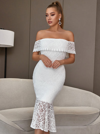 Blaire Off Shoulder Lace Midi Dress-White