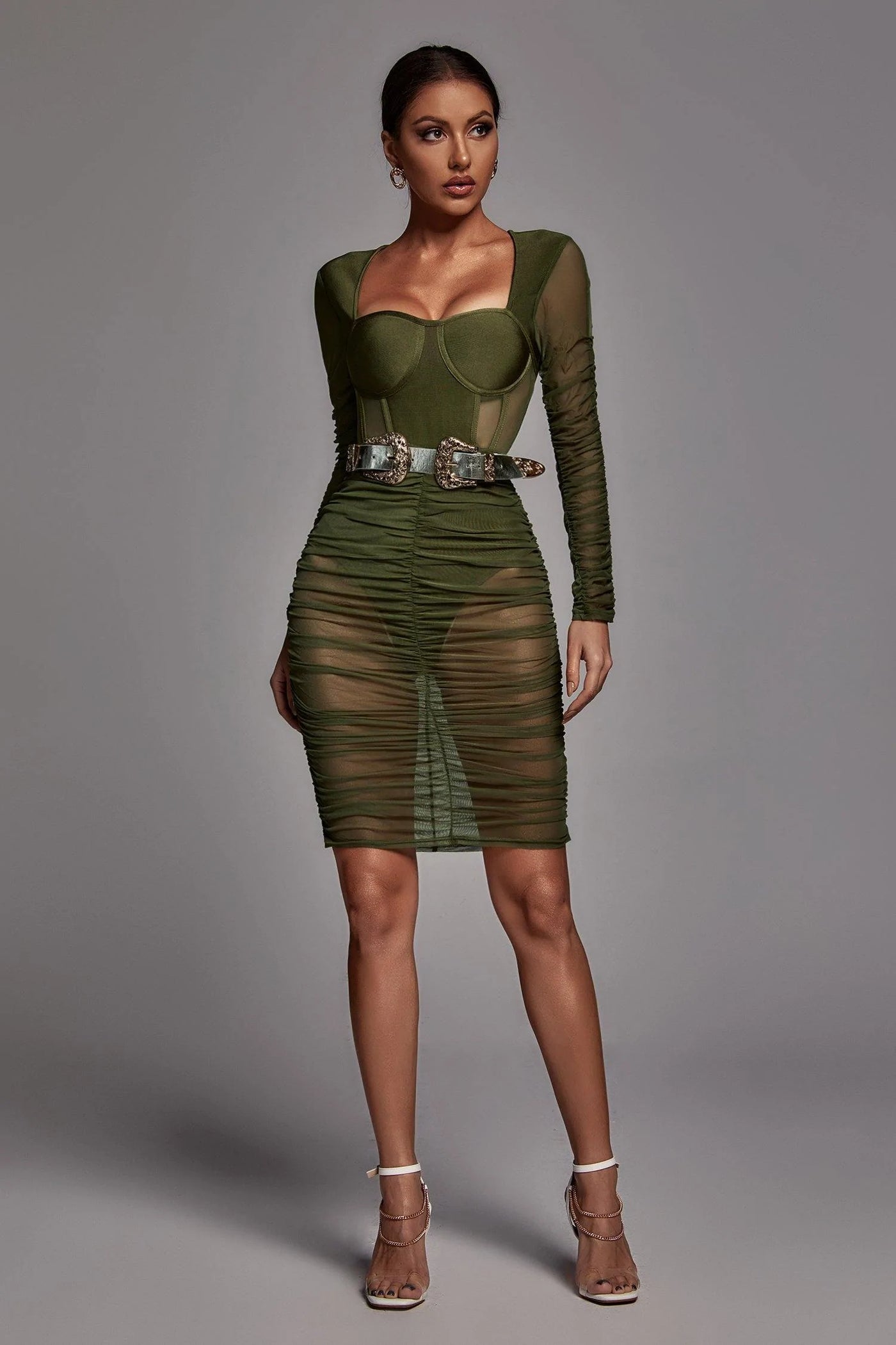 Bathsheba Mesh Bandage Dress-Green 2022 Fall Fits