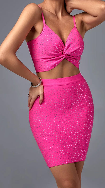 Tavasa Backless Bandage Two pieces  Dress  set -Pink