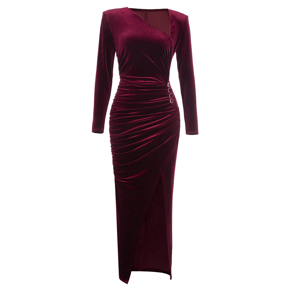 Sally  Velvet  Maxi Dress With Long Sleeves and Diagonal Collar
