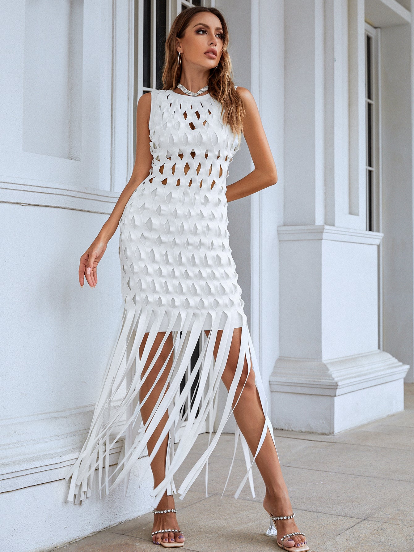 Evelyn Hollow Midi Bandage Dress-White/Brown