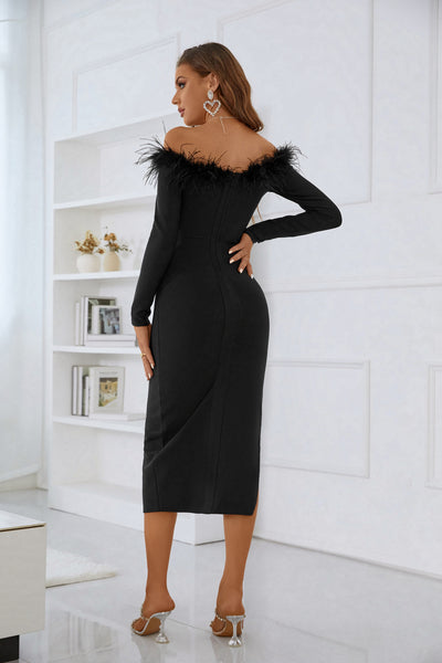 Toccara Long Sleeve Straight Collar Bodycon Dress-Black