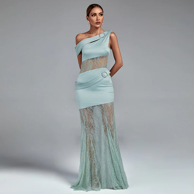 Nalisha One Shoulder Satin sStitching Lace See-through Maxi Dress-Blue