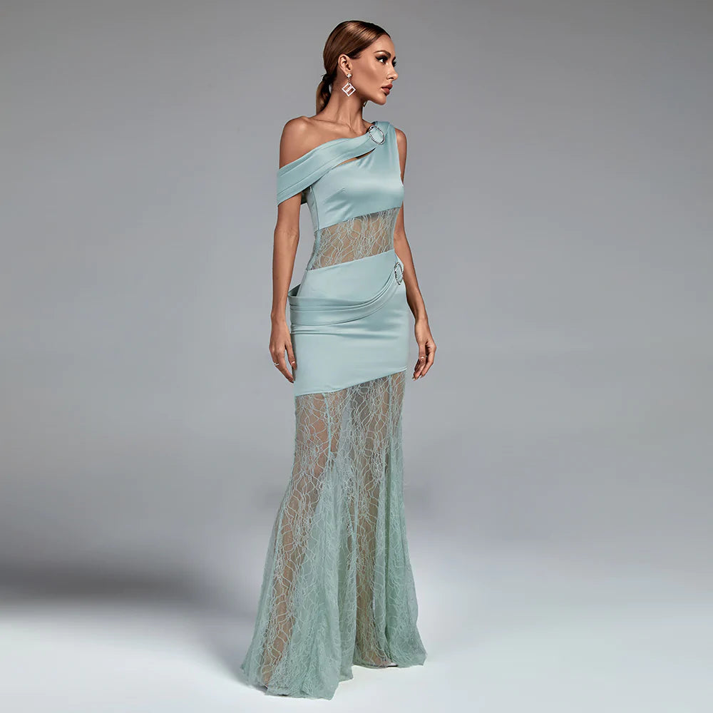 Nalisha One Shoulder Satin sStitching Lace See-through Maxi Dress-Blue