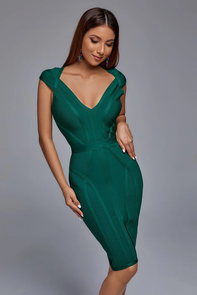 Luosha  V-neck Midi Bandage Dress- Green