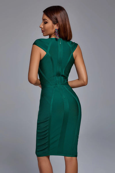 Luosha  V-neck Midi Bandage Dress- Green