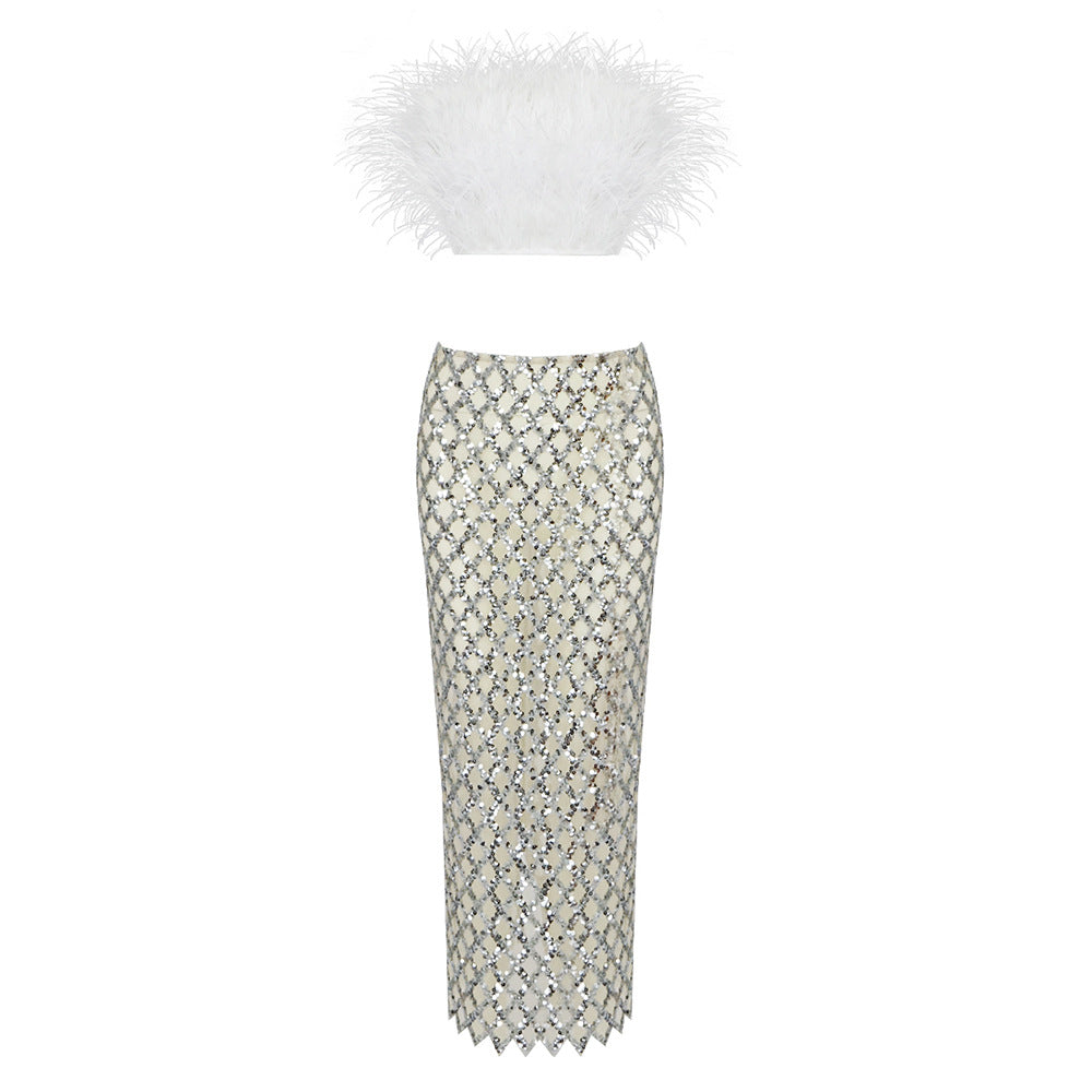 Ansley Strapless Feather Mesh Skirt Set In White – Celurvei