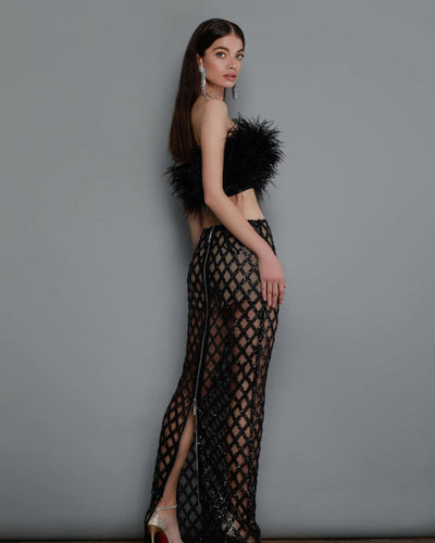 The Ansley Strapless Feather Mesh Skirt Set In Black
