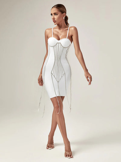 Rosha  Crystal Fringe Bandage Dress -White/Black