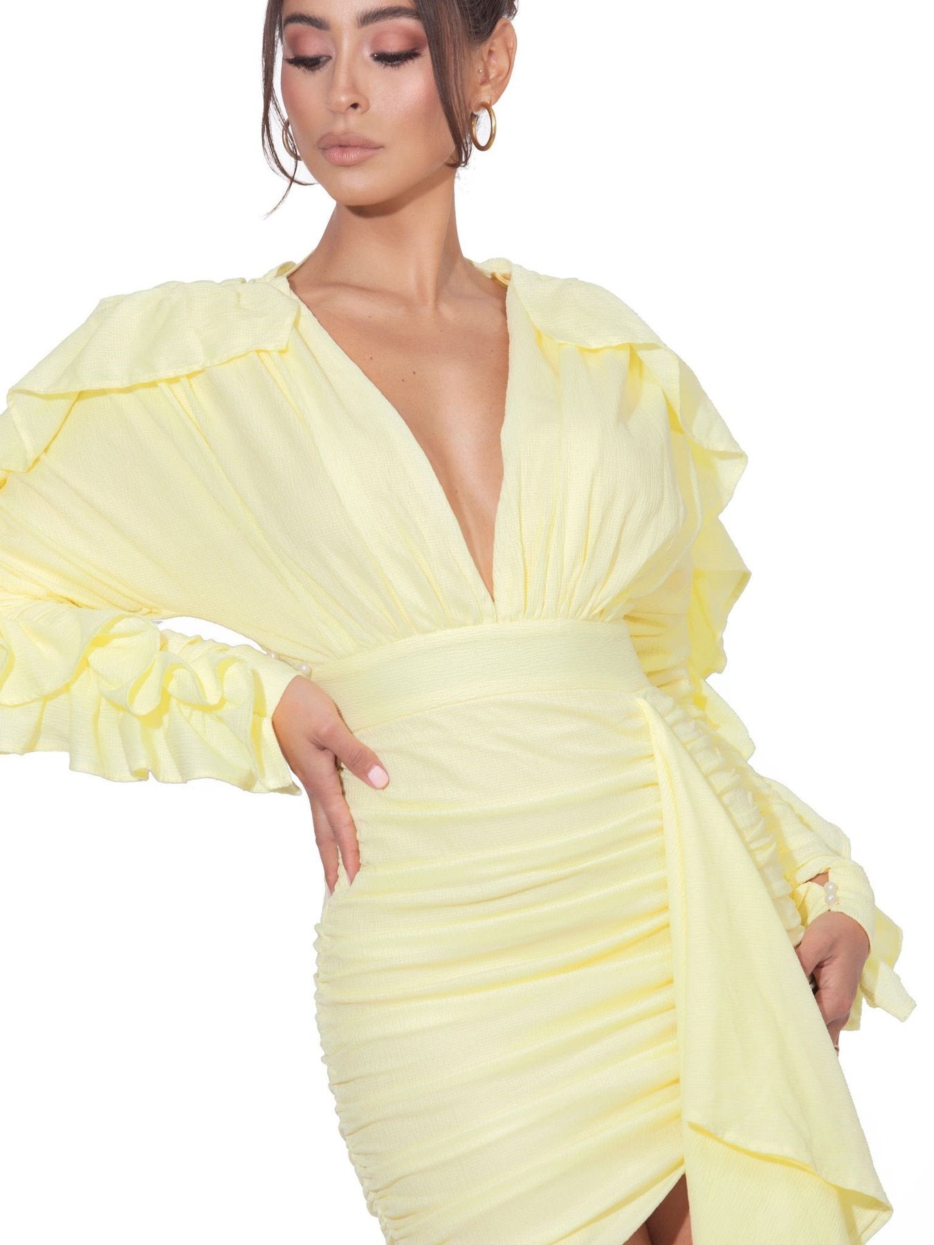 V-neck Mini Dress-Tender yellow