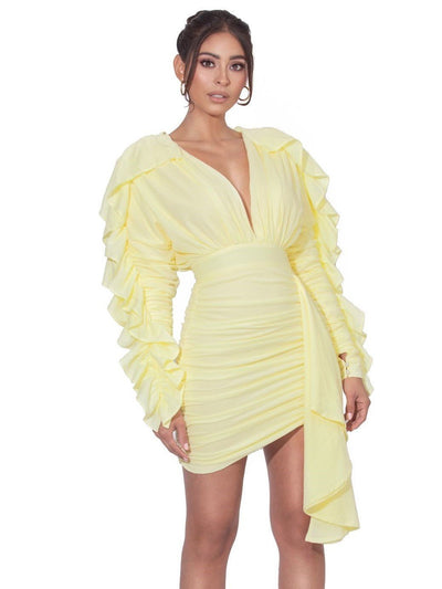 V-neck Mini Dress-Tender yellow